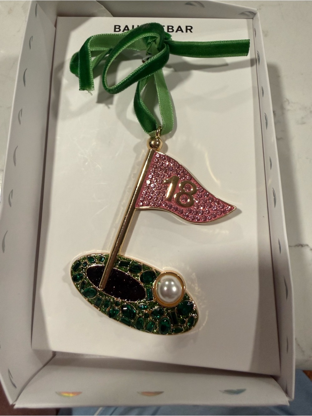 BaubleBar Pink Flag and Green Golf Hole Ornament with Pearl Accent